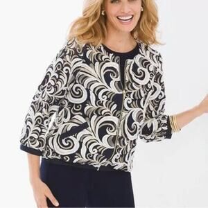 Chicos Travelers Sz 3 XL Sheer Zip Front 3D Embellished white Gold Swirl Jacket